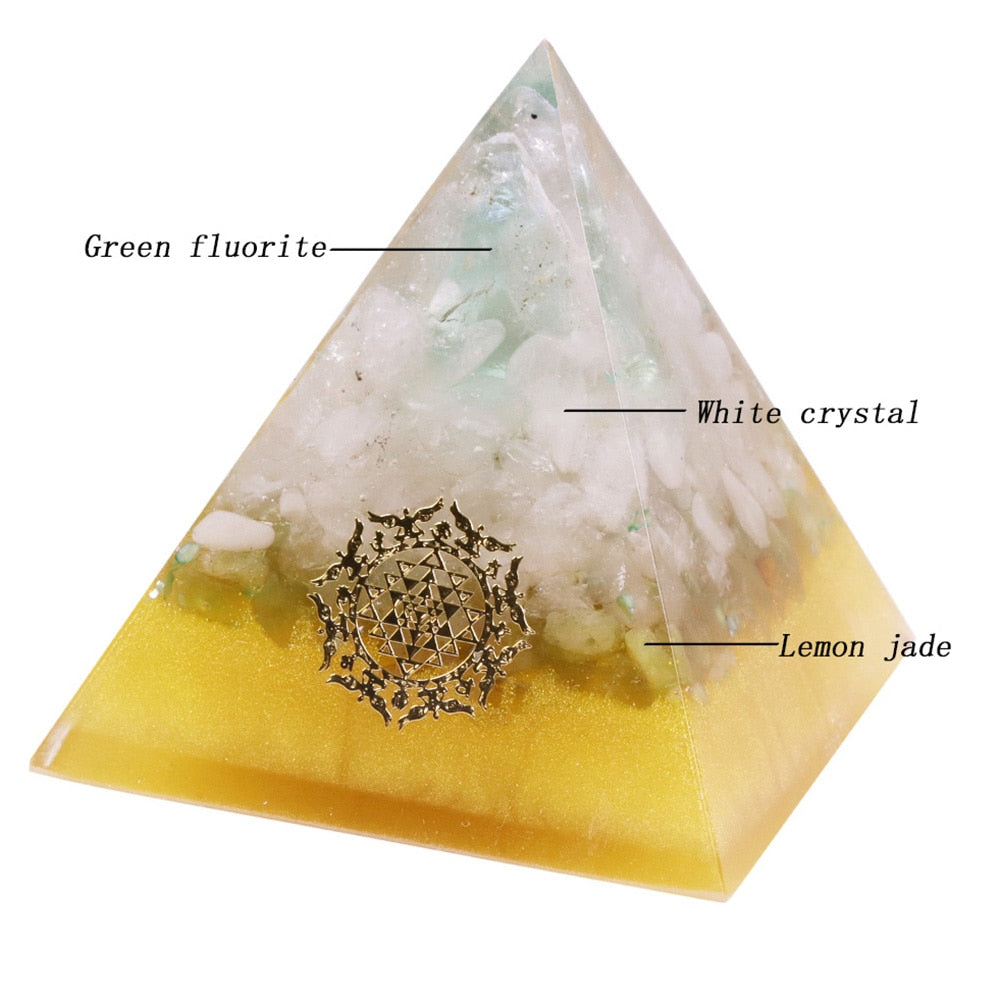 Pyramid-shaped crystal with labeled sections of green fluorite, white crystal, and lemon jade on a white background.