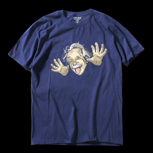 Blue t-shirt with a graphic of a humorous Einstein design on a white background
