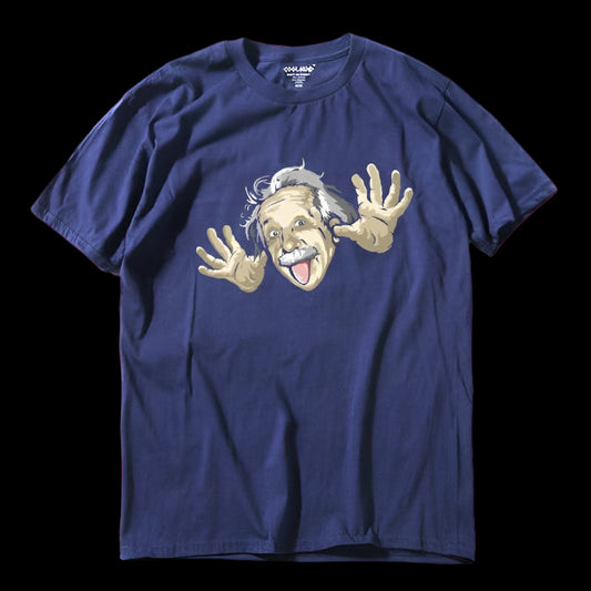 Blue t-shirt with a graphic of a humorous Einstein design on a white background