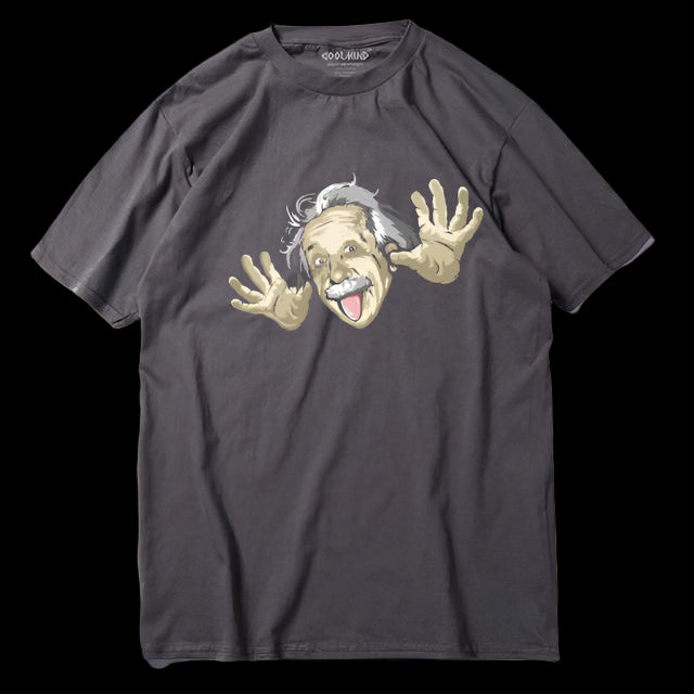 Black t-shirt with a graphic of a cartoonized Einstein on a white background