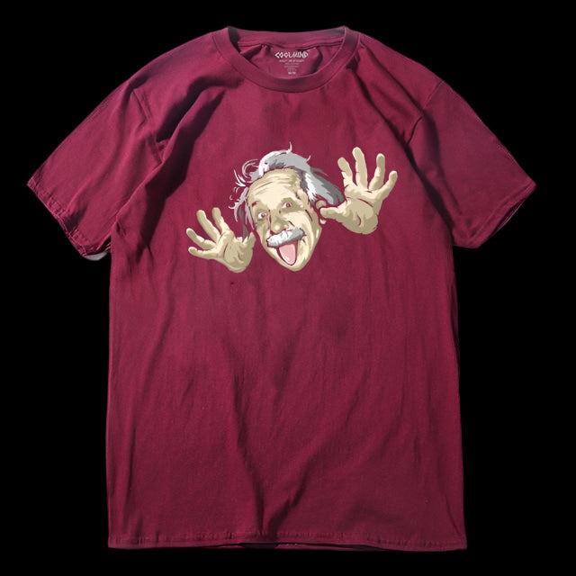 Maroon t-shirt with a graphic of a cartoonized Einstein on a white background
