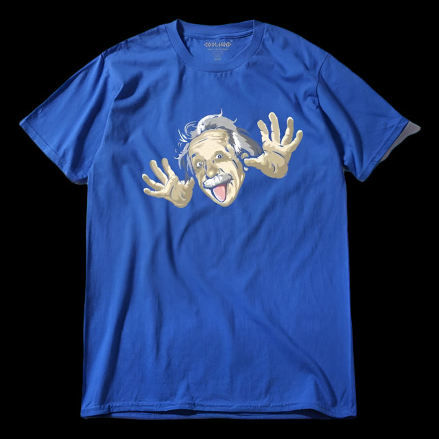 Blue t-shirt with a graphic of a humorous Einstein design on a white background