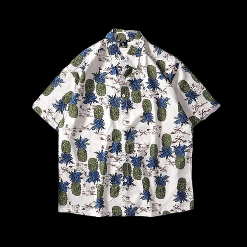 Short-sleeve shirt with pineapple and floral pattern on a white background