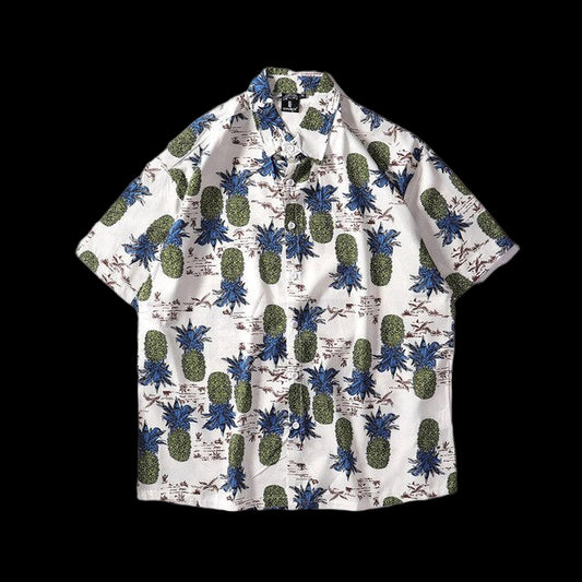 Short-sleeve shirt with pineapple and floral pattern on a white background
