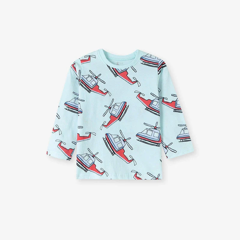 Children's long-sleeve shirt with helicopter pattern on a light blue background