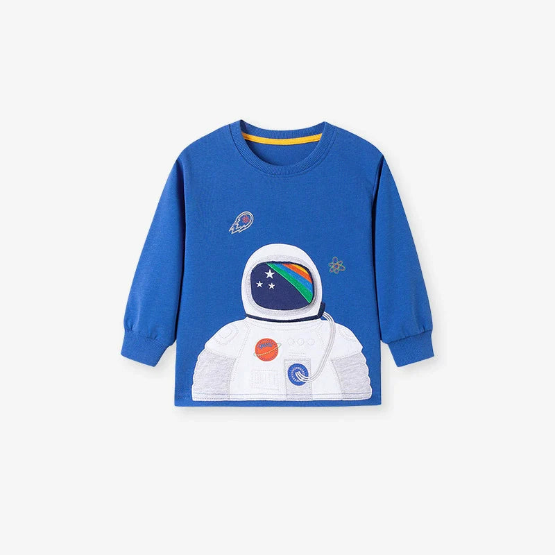 Blue children's sweatshirt with an astronaut design on a white background