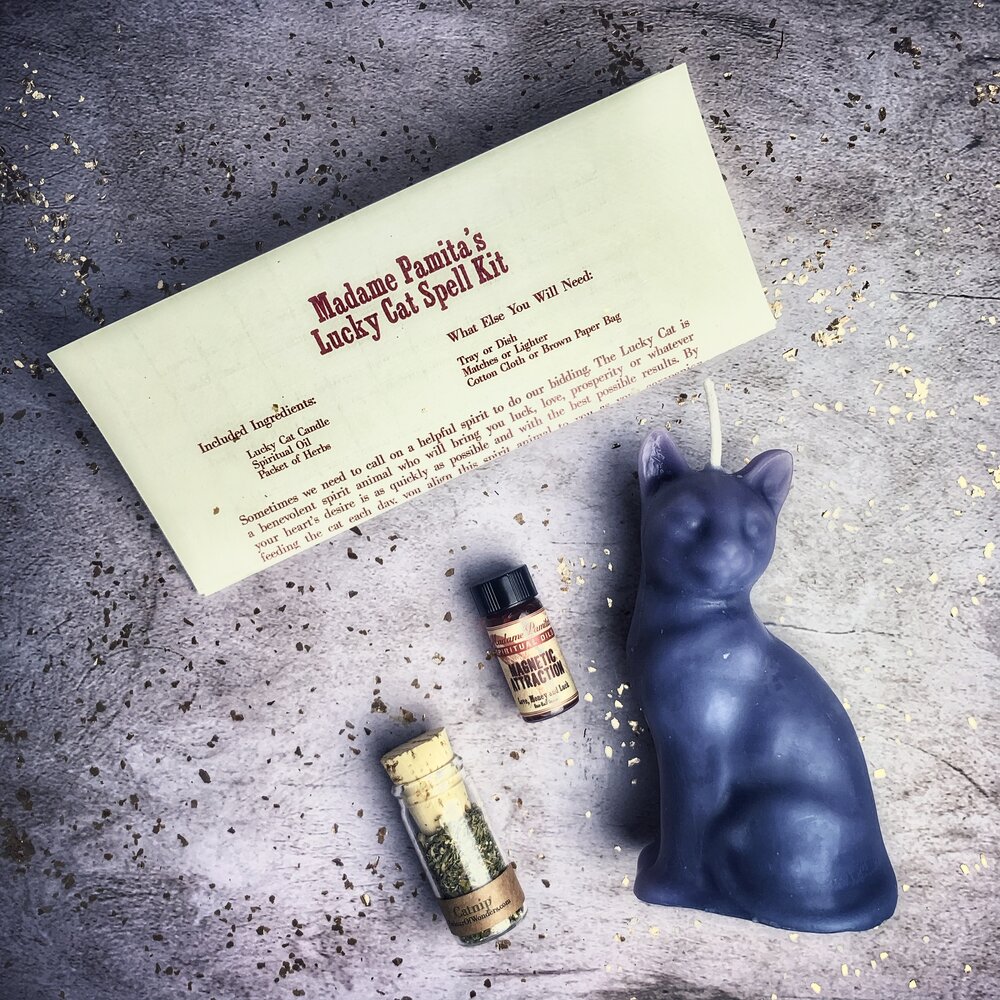 Blue cat-shaped candle with spell kit components on a textured surface