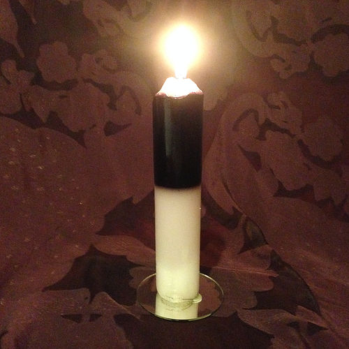 Light bulb in a decorative holder against a patterned background