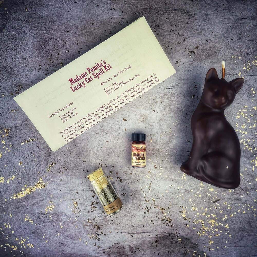 Lucky Cat Spell Kit with a chocolate cat figurine on a textured surface