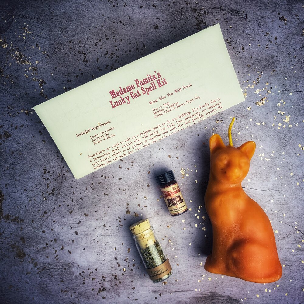 Lucky cat spell kit with a candle, bottles, and a letter on a textured surface