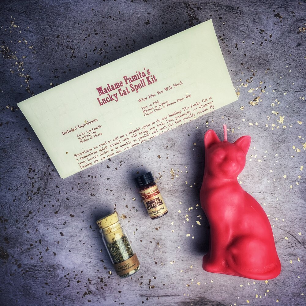 Red cat-shaped candle with spell kit on a textured surface