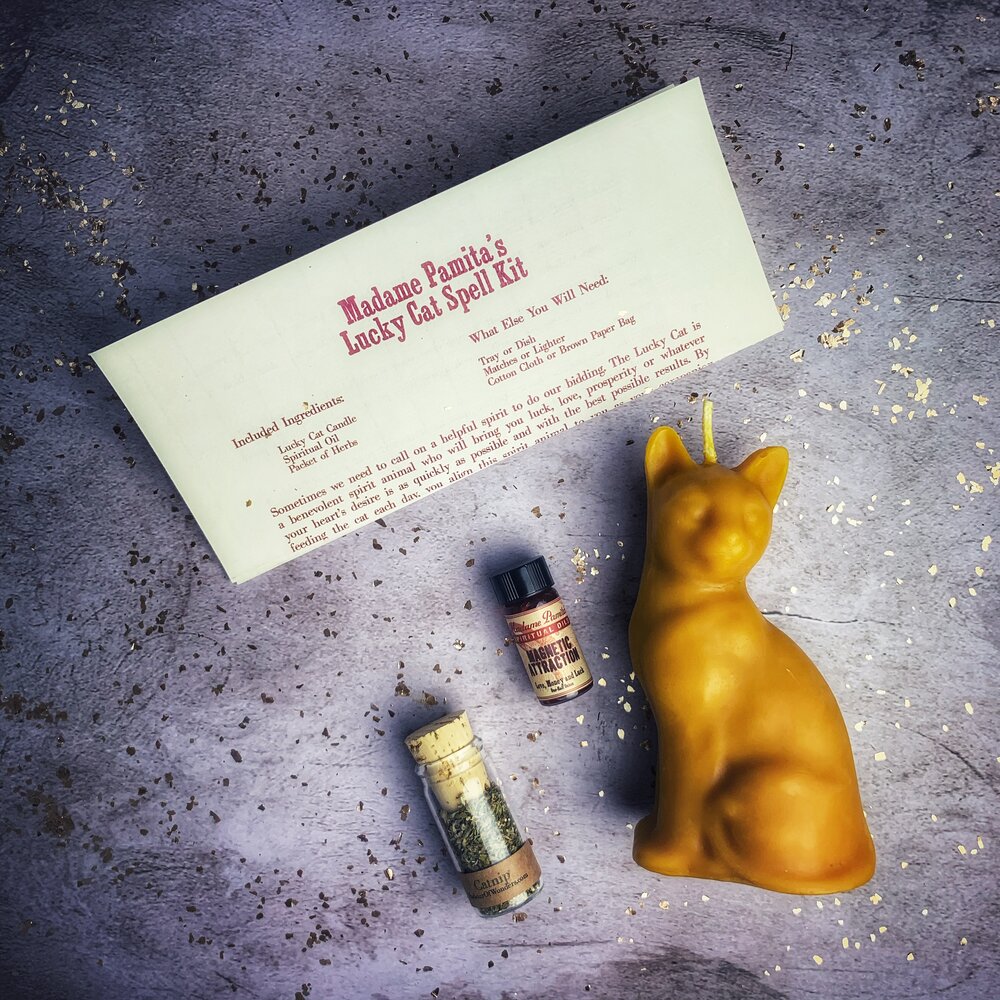 Cat-shaped candle, bottles, and a letter on a textured surface