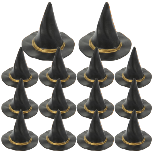 Set of black witch hats with gold bands on a white background