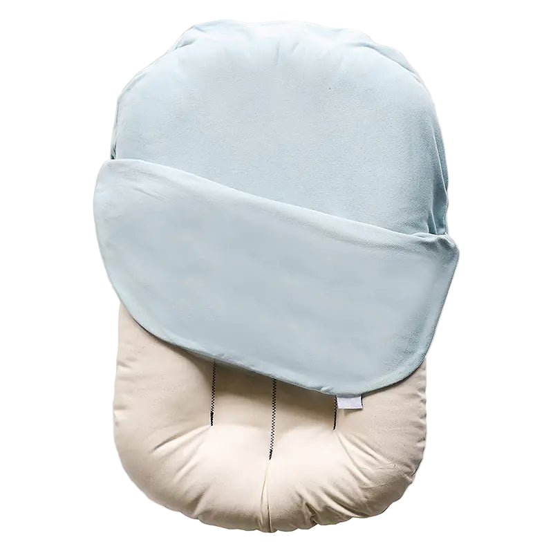 Baby swaddle with light blue hood and beige body on a white background