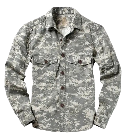 Camouflage shirt with button details on a gray background