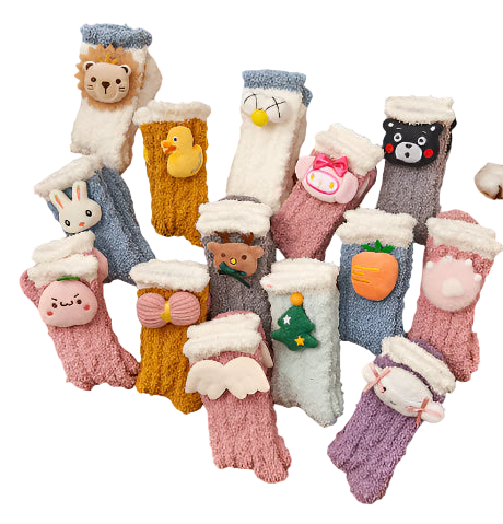 Collection of plush toys shaped like socks with animal faces on a brown fabric background