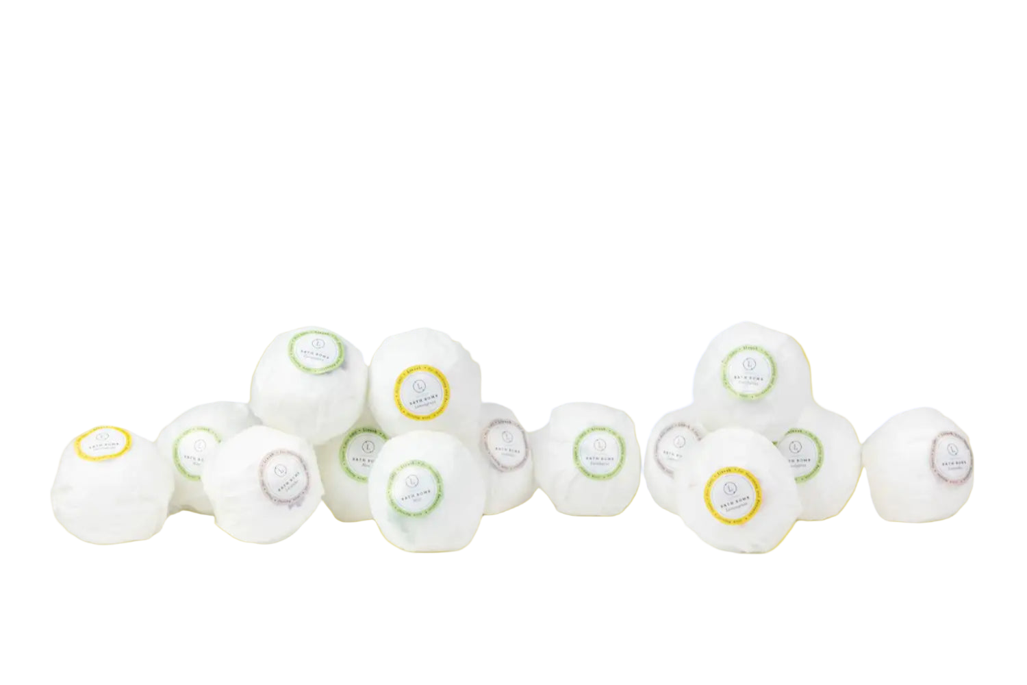White spherical objects with labels on a light gray background