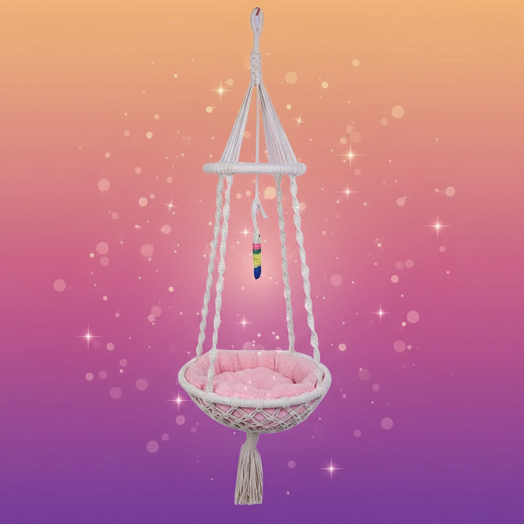 White macrame hammock chair with a colorful rainbow decoration on a white background