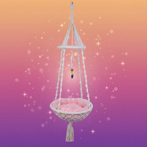 White macrame hammock chair with a colorful rainbow decoration on a white background