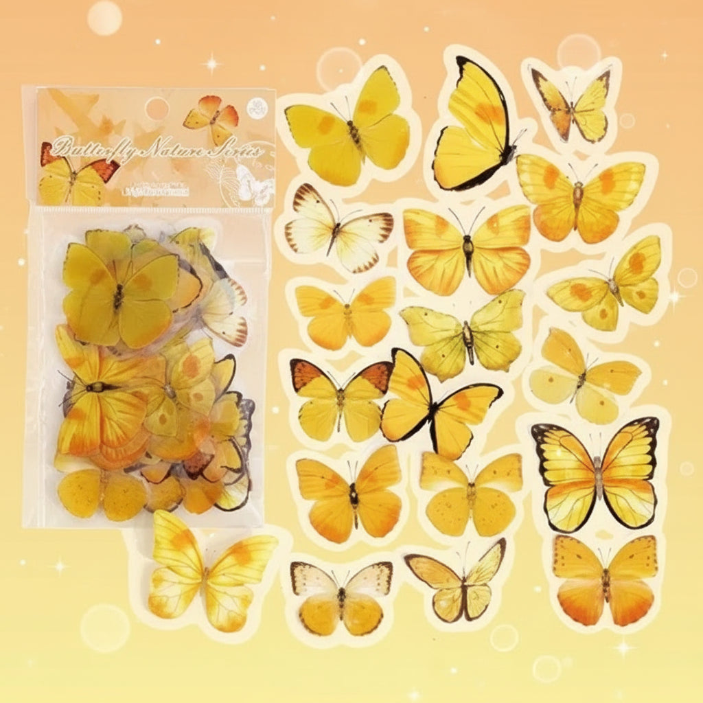 Packaged yellow butterflies on a white background
