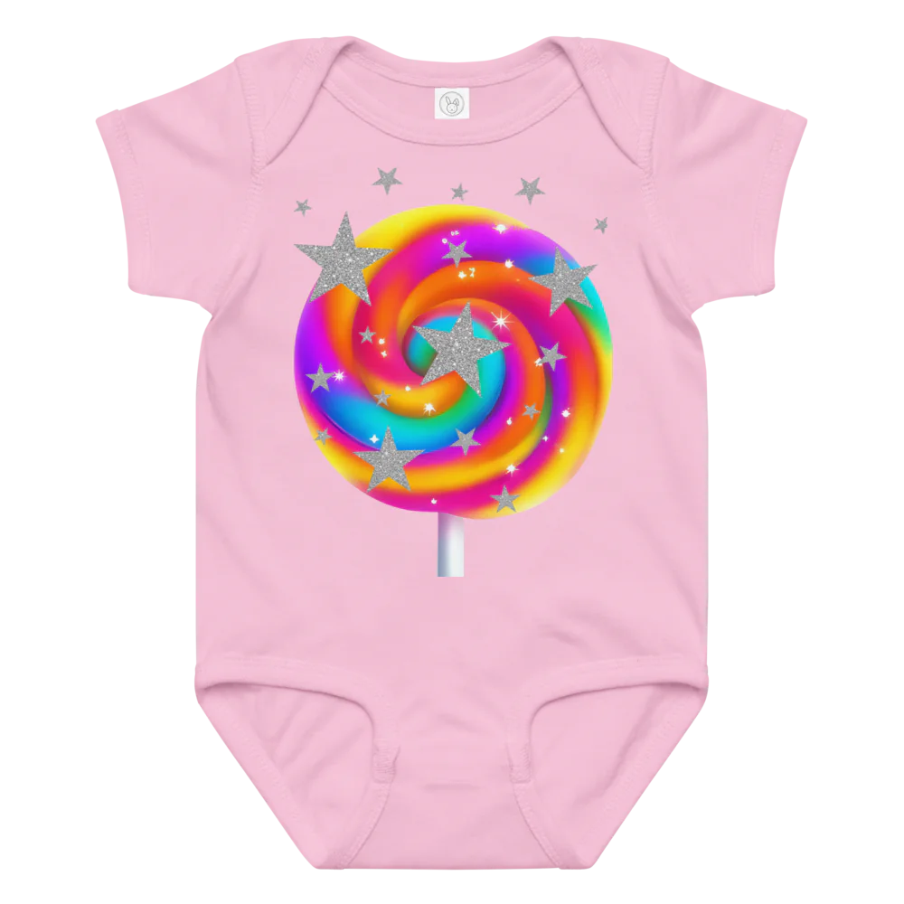Pink baby onesie with a colorful lollipop design on a white background