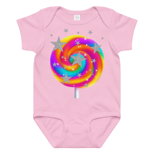 Pink baby onesie with a colorful lollipop design on a white background