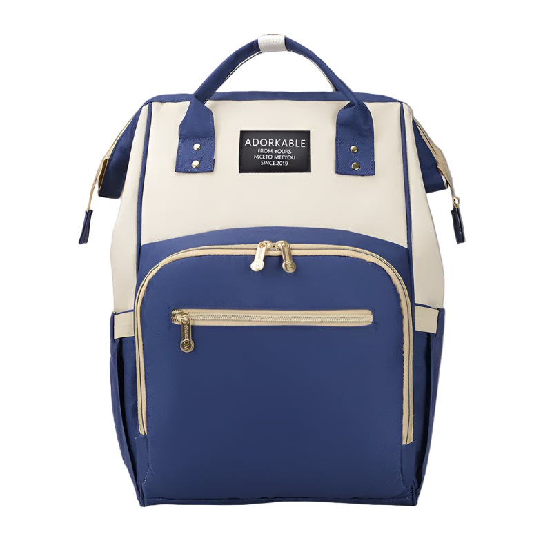 Blue and white backpack with Adorkable logo on a white background