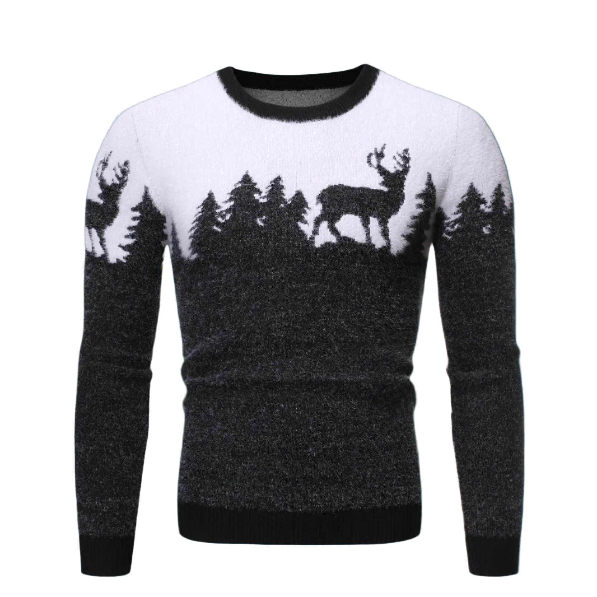 Sweater with deer and forest design on a white background