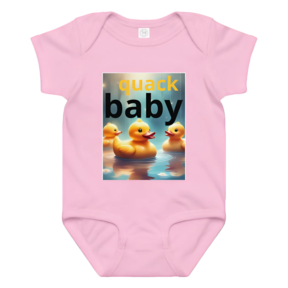 Pink baby onesie with 'quack baby' text and rubber duck illustration on a white background