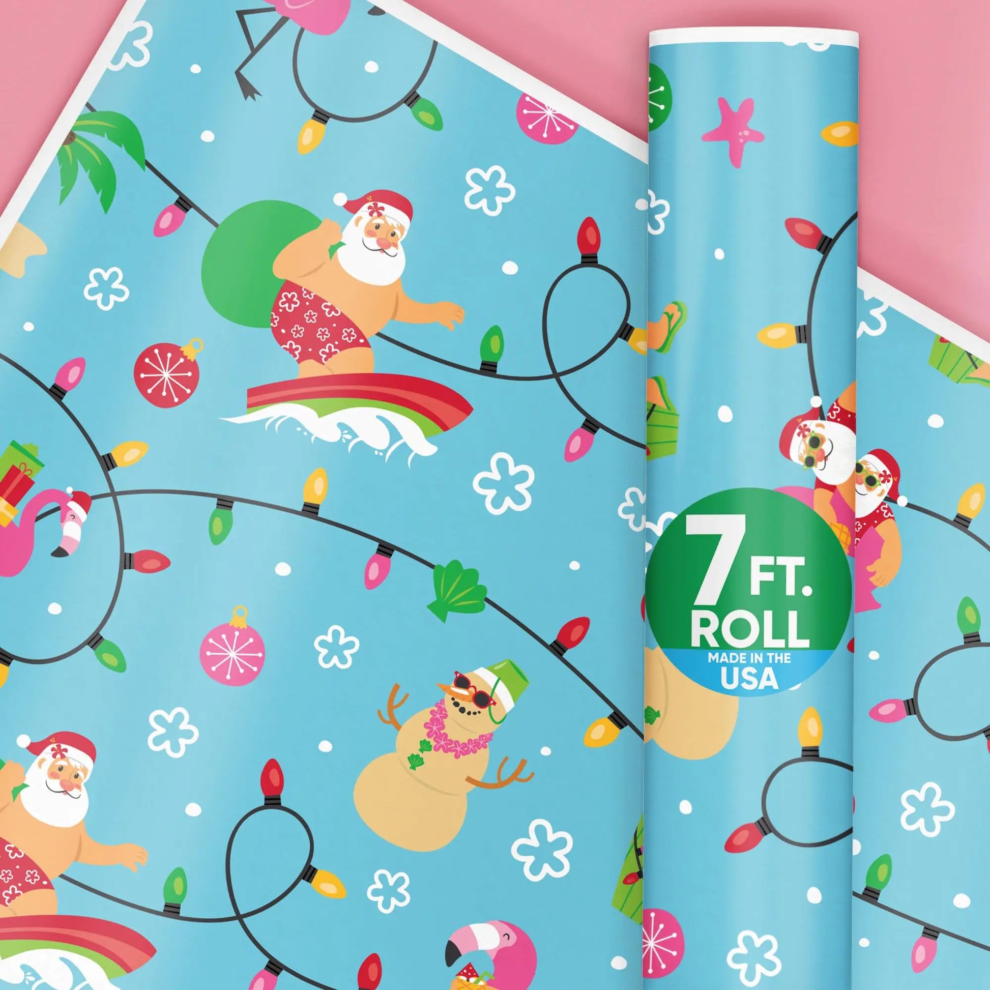 Roll of Christmas-themed wrapping paper with Santa Claus, snowman, and lights on a blue background.