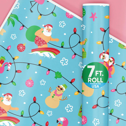 Roll of Christmas-themed wrapping paper with Santa Claus, snowman, and lights on a blue background.