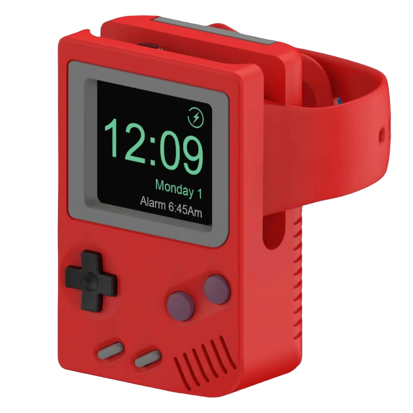 Red digital clock with Game Boy design on a white background