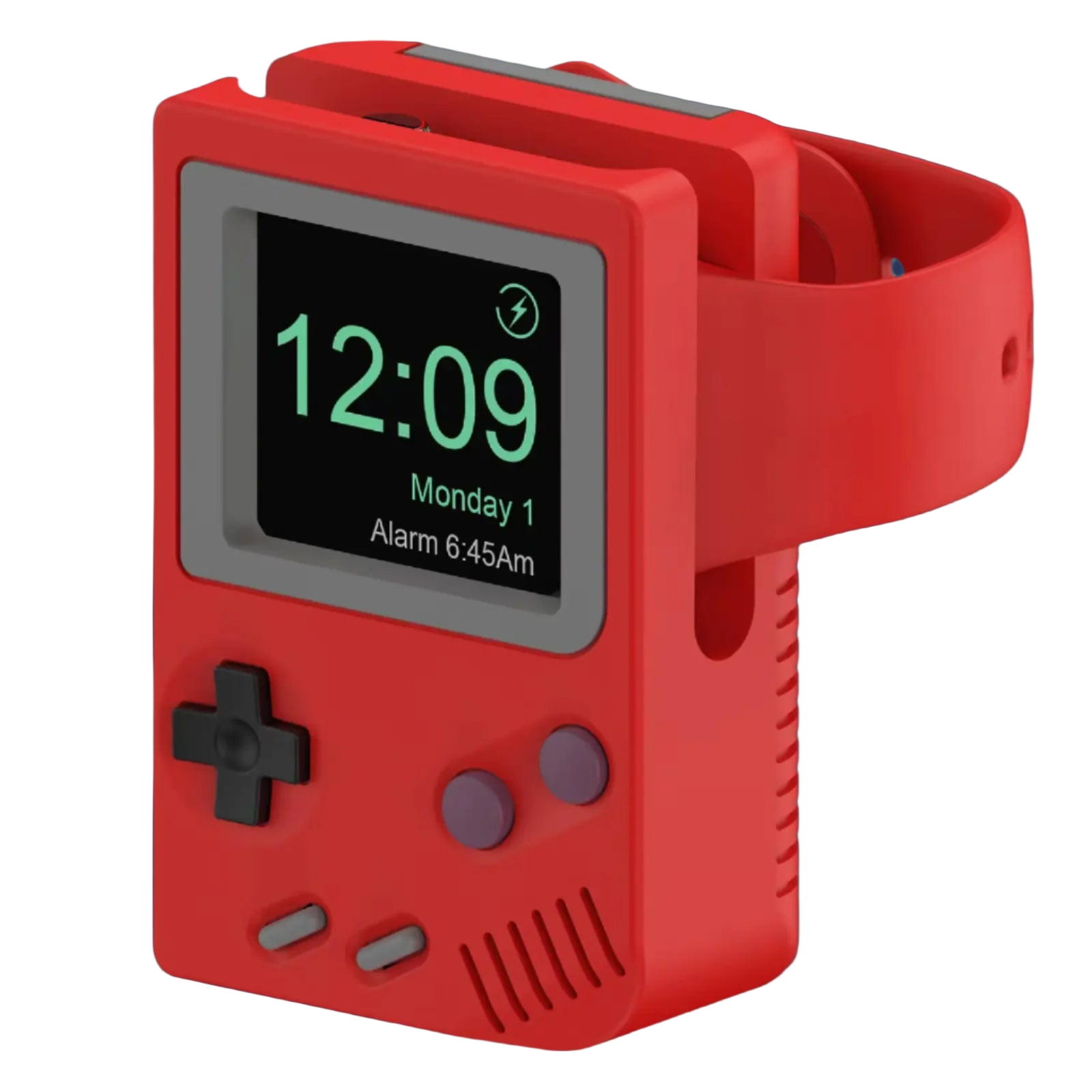 Red digital clock with Game Boy design on a white background