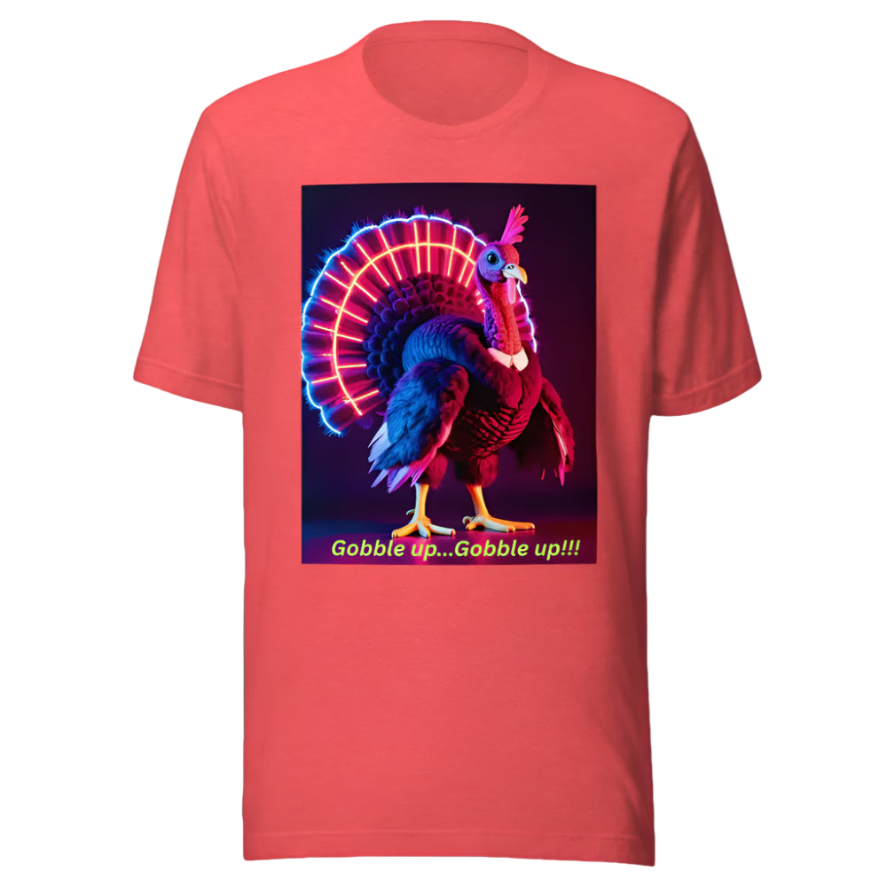 Red t-shirt with a colorful turkey graphic and text on a white background