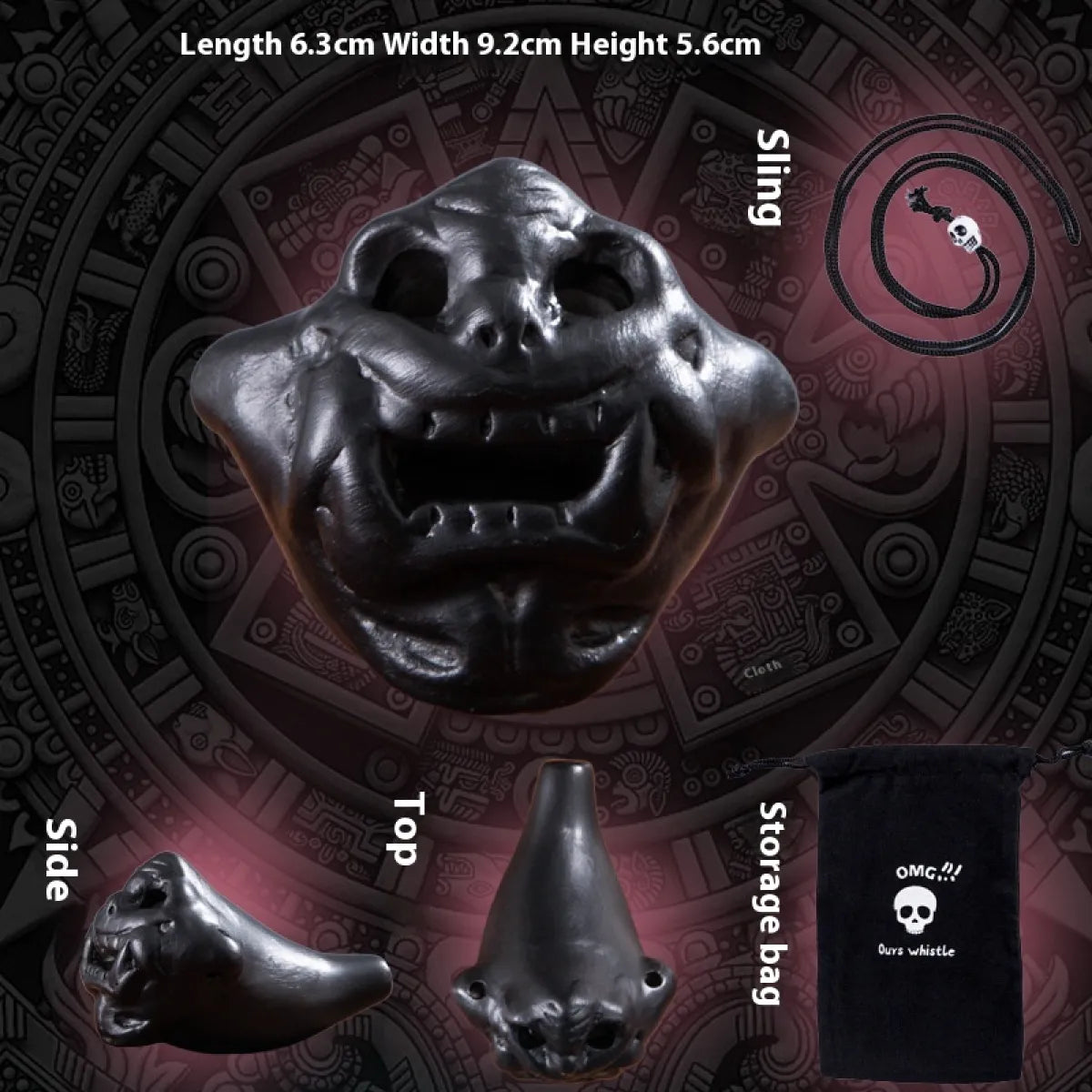 Metallic dog head figurine with measurements and packaging details on a dark background