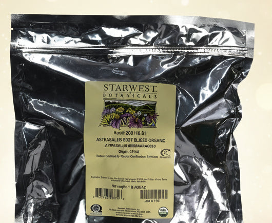 Starwest Botanicals Astragalus root packaging with label on a reflective surface