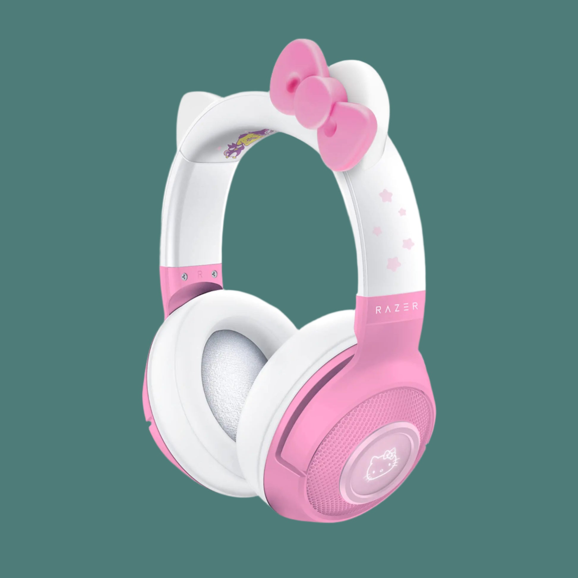 Pink and white Razer headset with a bow on a white background