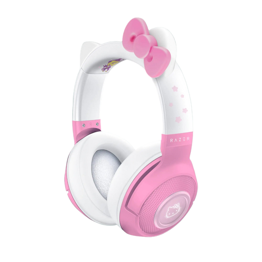 Pink and white Razer headset with a bow on a white background
