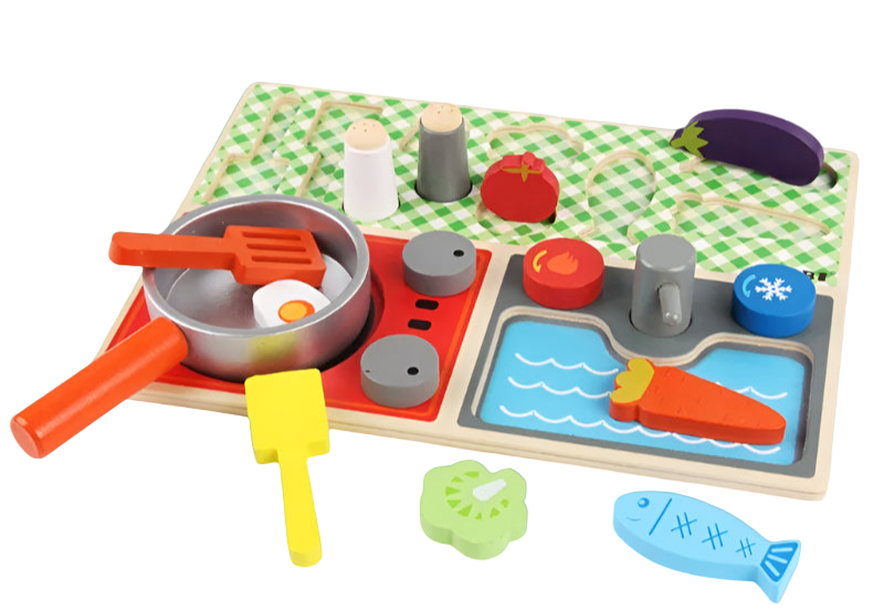 Colorful toy kitchen set on a wooden board with KABI branding.