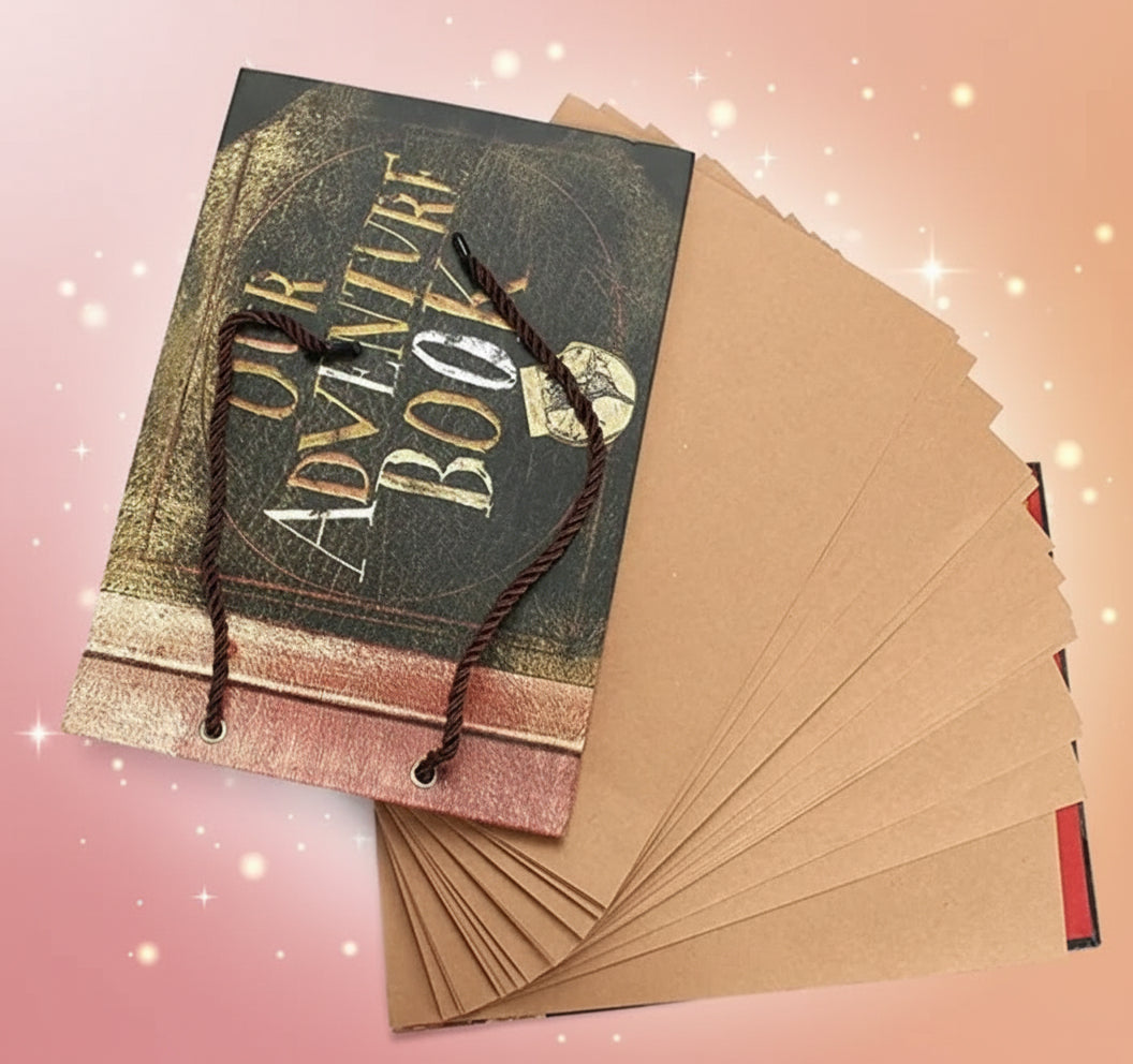 Book with 'Our Adventure Book' text and brown paper sheets on a white background