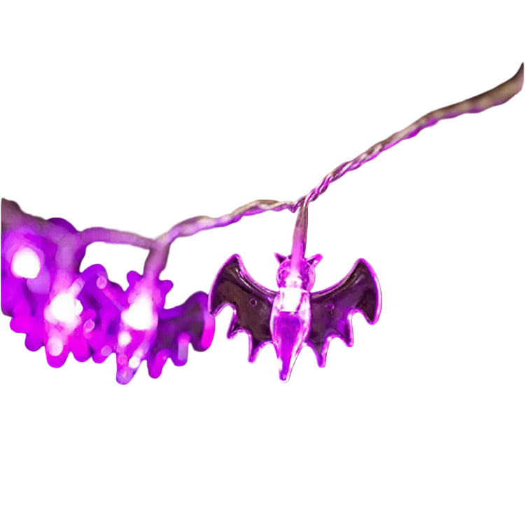 String lights with bat designs on a dark background