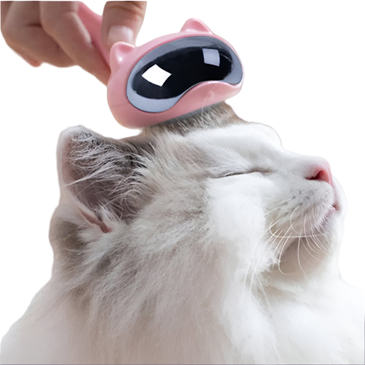 Cat being groomed with a pink grooming tool shaped like a cat's face