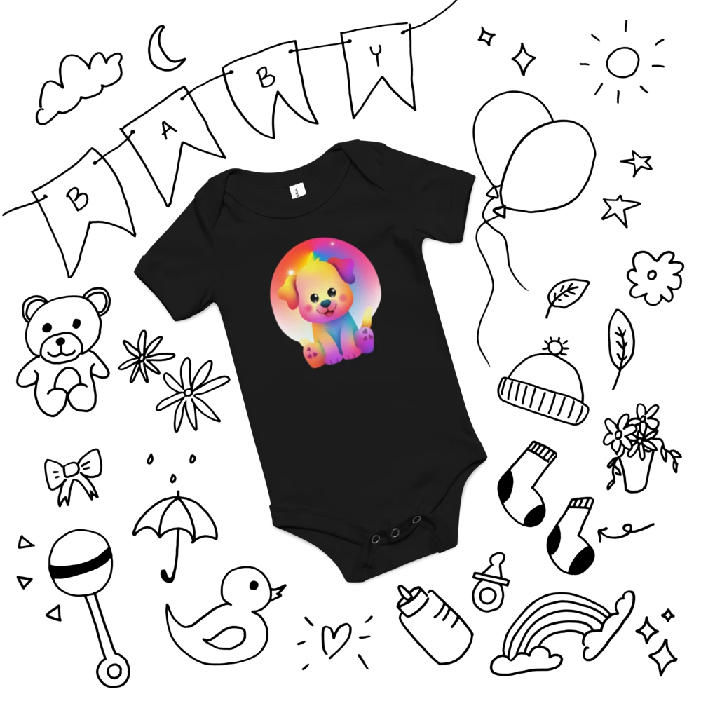 Black baby onesie with a colorful rainbow design on a white background with black baby-themed illustrations.