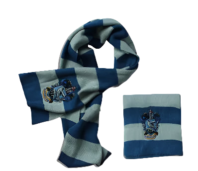 Blue and gray striped scarf with a crest on a white background