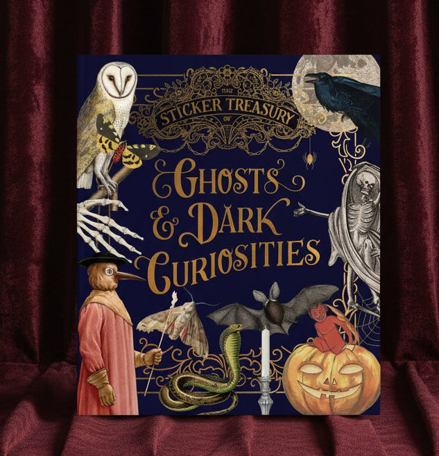 Book cover of 'The Sticker Treasury of Ghosts & Dark Curiosities' with Halloween-themed illustrations on a dark blue background.