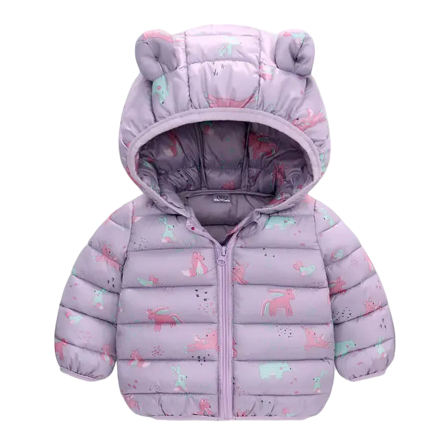 Children's purple puffer jacket with animal prints on a white background