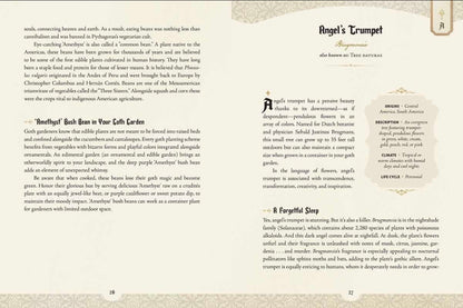 An open book spread showing printed pages with the title 'Angel's Trumpet' and several columns of text, plus decorative beige border graphics on both pages.