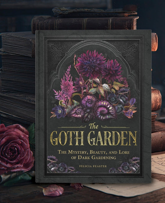 The book cover of 'The Goth Garden' by Felicia Feaster, styled on a dark wooden surface surrounded by old books and a rose.
