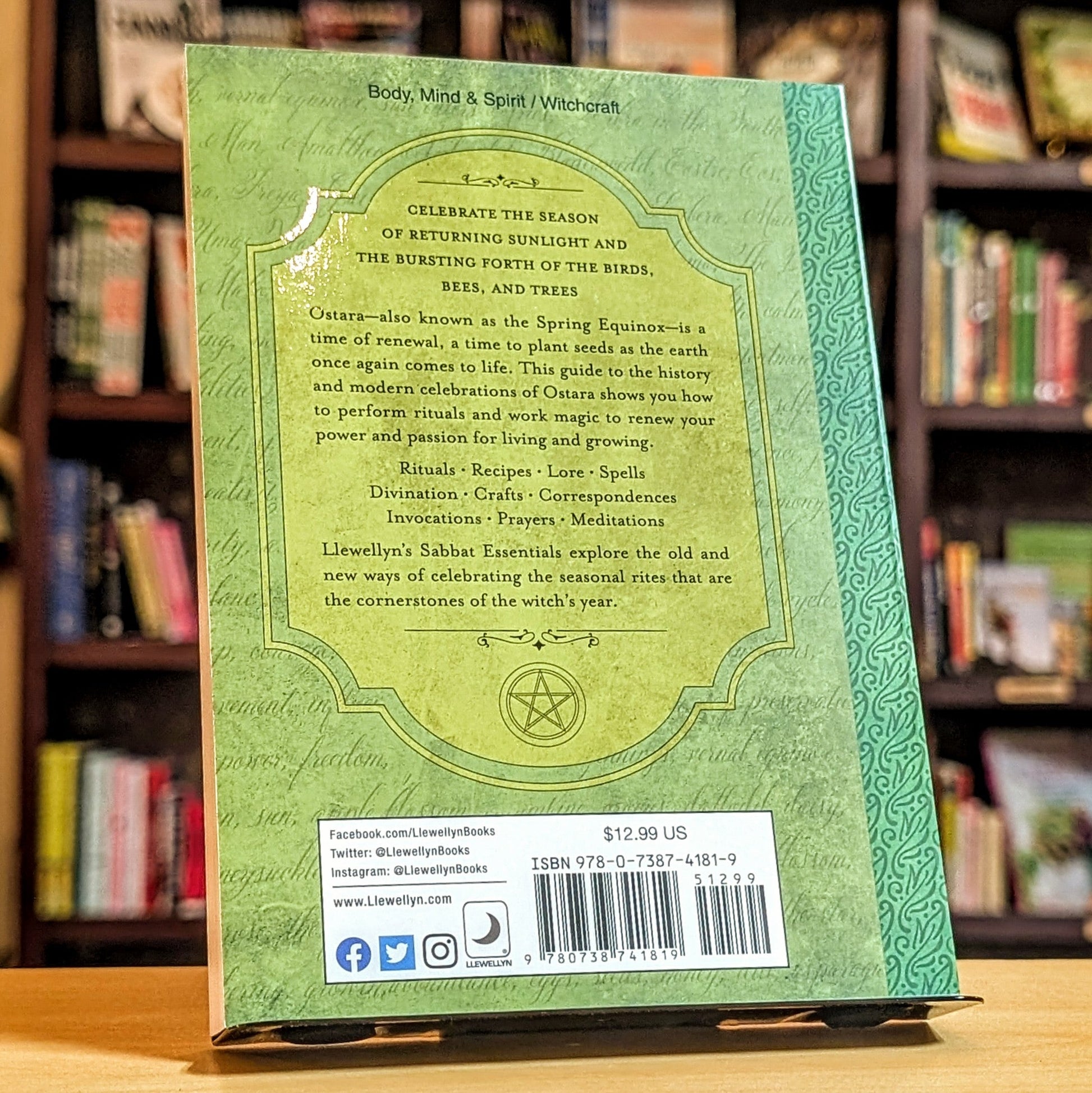 Back cover of a green book with text and branding, placed on a wooden surface with a bookshelf in the background.
