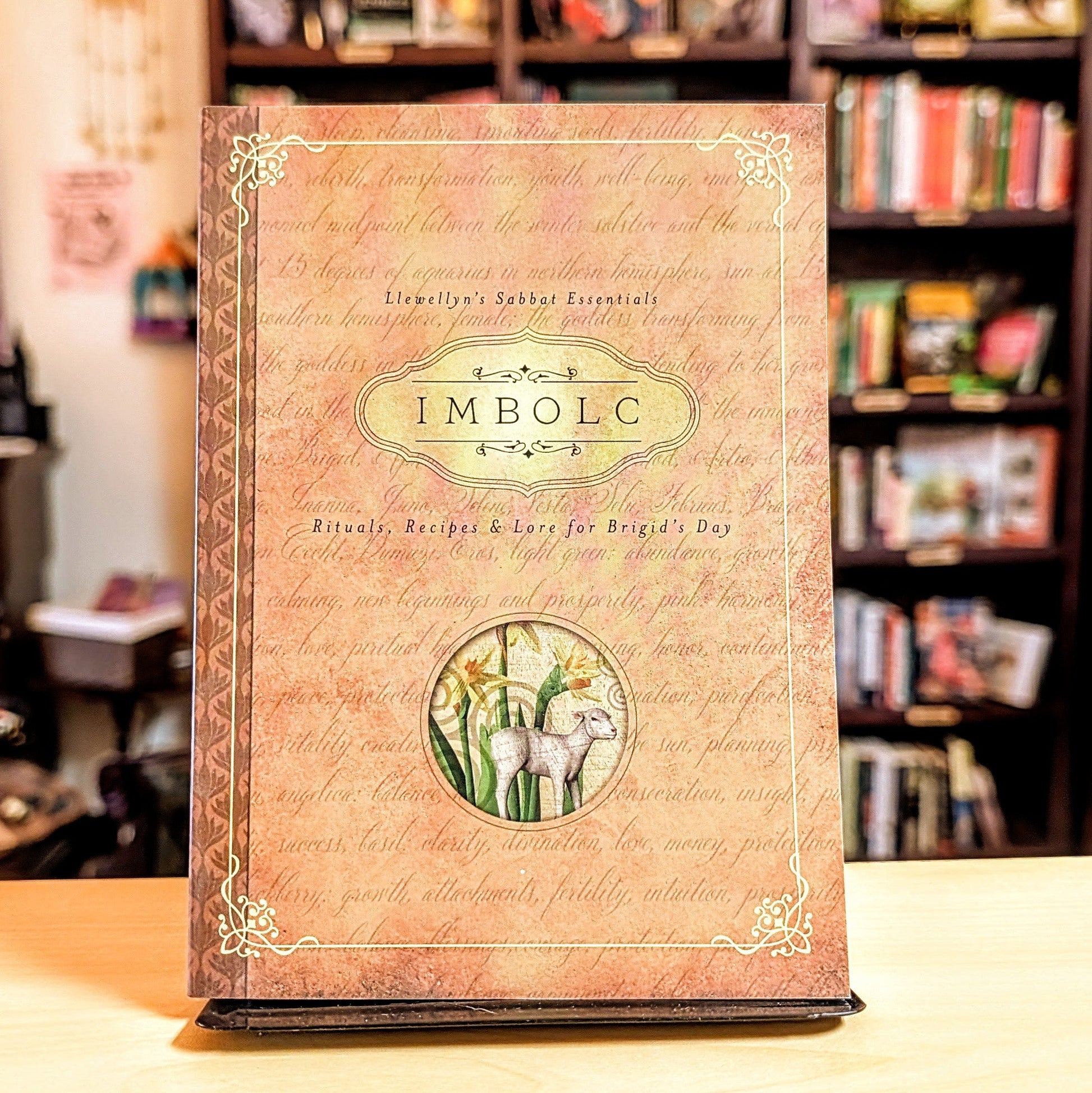 Book titled 'IMBOLC' with decorative cover featuring text and illustrations, set against a blurred bookshelf background.